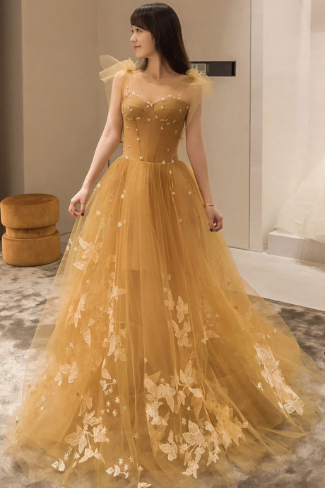 Yellow Tulle Long Party Dresses with Lace, Prom Dresses, A-line Tulle Evevning Gown
