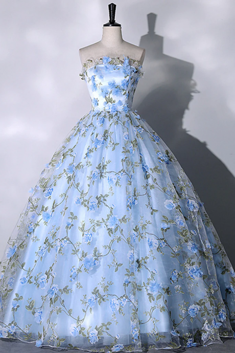 Beautiful Floral Sweetheart Floor Length Formal Dresses, Blue Long Party Dresses Sweet 16 Gown