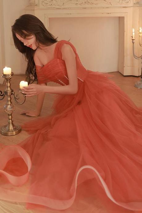 Orange Tulle One Shoulder Beaded Long Formal Gown, Style Prom Dresses