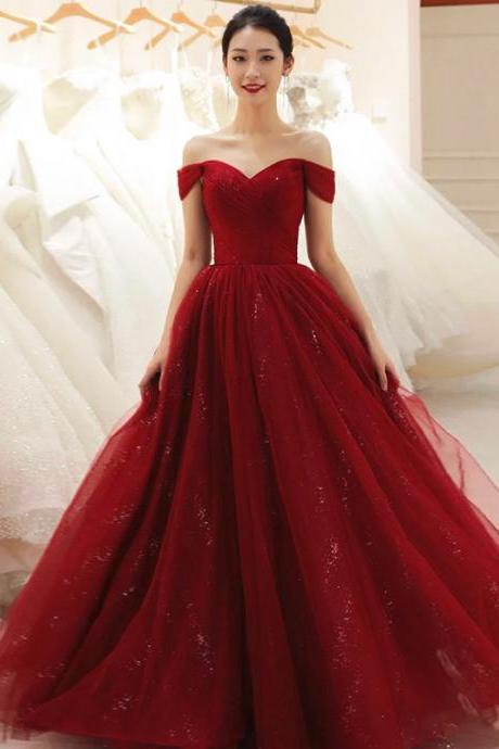 Off Shoulder Shiny Tulle Burgundy Wedding Party Dress, Dark Red Prom Dress