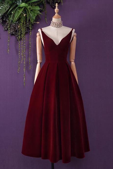 Wine Red Velvet Low Back Tea Length Party Dress, Burgundy Formal Gown