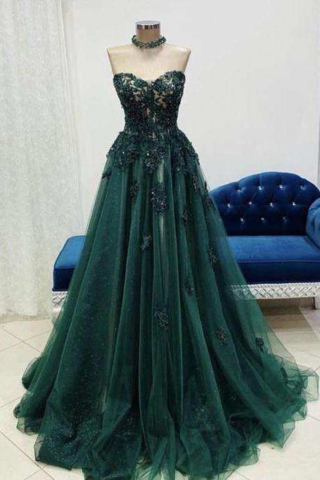 Beautiful Dark Green Tulle Sweetheart Long Formal Dress, Green Junior Prom Dresses