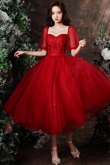 Red Short Sleeves Tulle with Lace Formal Dress, Tea Length Evening Gown