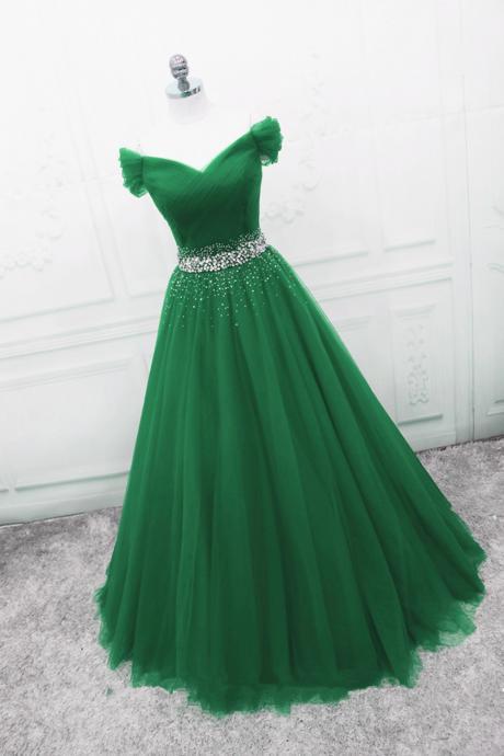 Beautiful Off Shoulder Tulle Beaded A-line Formal Dress, Green Floor Length Evening Dress