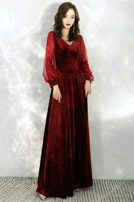 Beautiful Dark Red Long Sleeves Velvet A-line Wedding Party Dress, Dark Red Evening Dresses