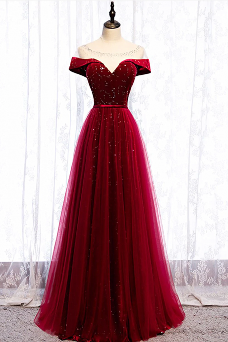 Burgundy Velvet And Tulle Long Prom Dress, A-line Dark Red Floor Length Prom Dress