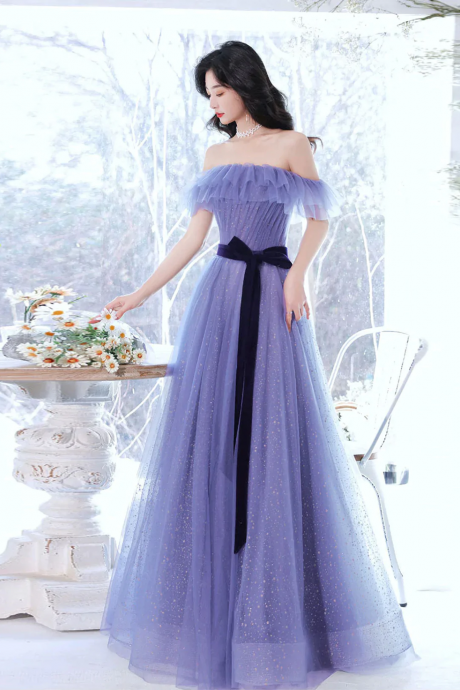 Light Purple Tulle Off Shoulder Long Formal Dress With Bow, A-line Evening Gown