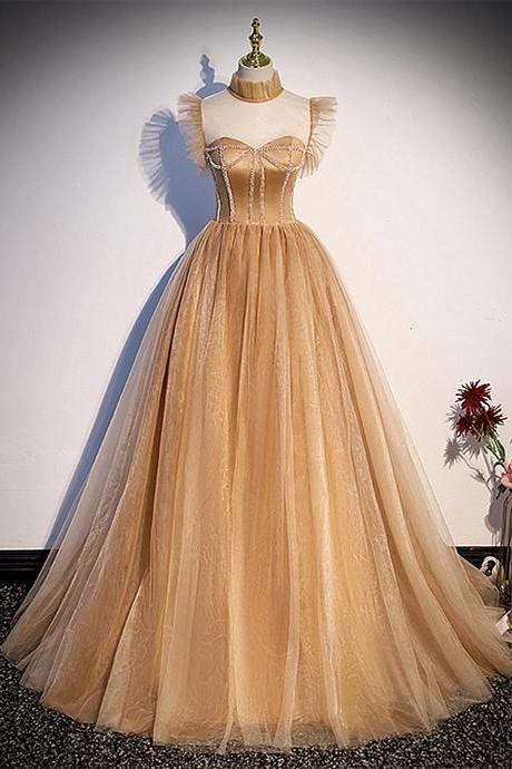Cute Tulle Beaded Long Sweet 16 Formal Dresses, Champagne Party Dresses Prom Dress