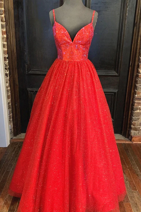 Red Shiny Tulle Sweetheart Long Party Dress, Red Simple Prom Dress