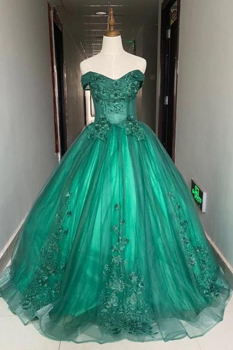 Green Tulle Ball Gown Off Shoulder Sweet 16 Dresses, Green Formal Dresses 