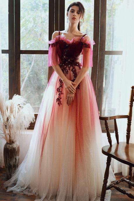 Beautoful Red Velvet and Tulle Gradient Long Formal Gown,A-line Tulle Prom Dresses