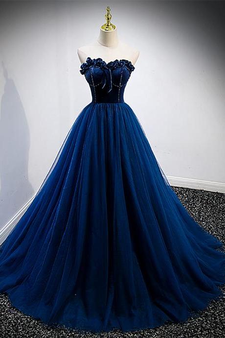 Charming Blue Velvet Top and Tulle A-line Formal Dress, Blue Sweetheart Prom Dress