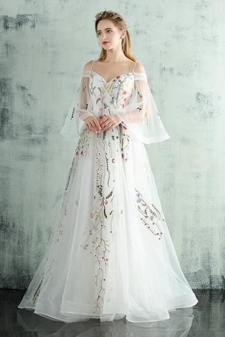 White Off Shoulder Long Evening Dresses Prom Dress, A-line Floor Length Formal Dresses