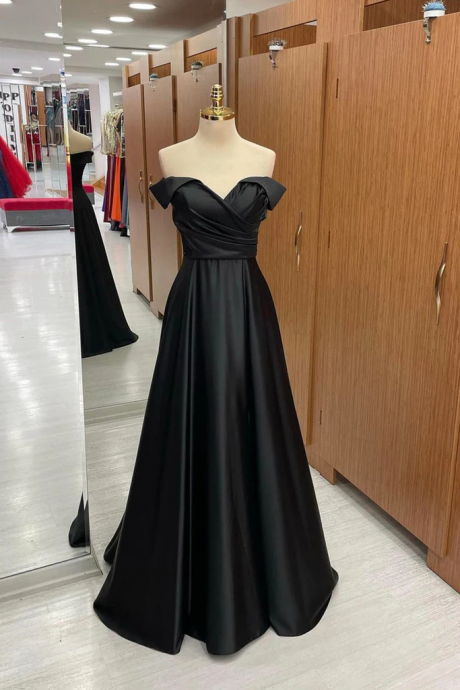 Black Simple Satin Off Shoulder A-line Party Dress, Black Evening Dresses