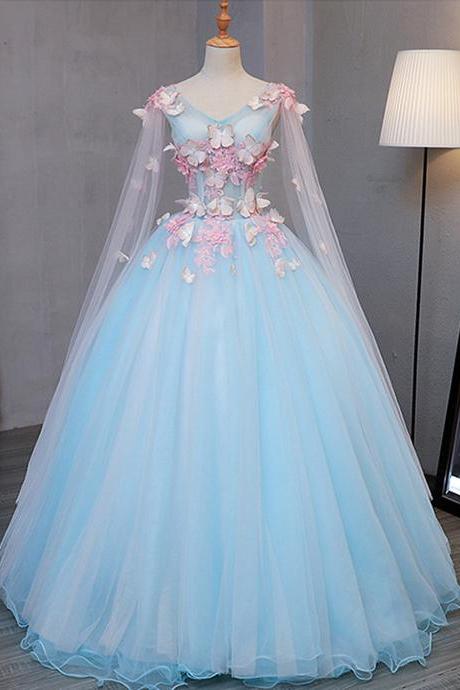 Light blue Fairy Butterfly Lace Ball Gown Prom Dresses, Sweet 16 Party Dresses