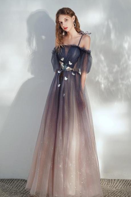 Gradient Purple Tulle Off Shoulder with Butterflies, A-line Simple Junior Prom Dress