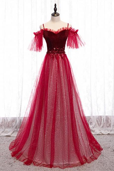 Wine Red Velvet and Tulle Party Dress, A-line Tulle Floor Length Prom Dress