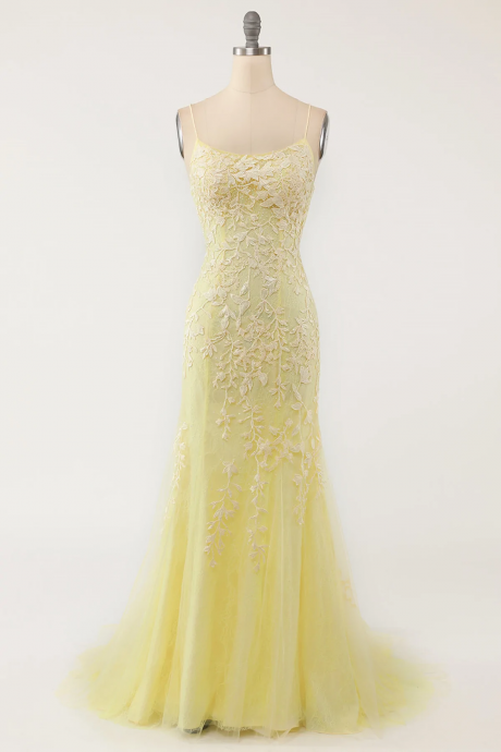 Backless Yellow Lace Long Prom Dresses, Mermaid Yellow Formal Dresses, Yellow Lace Evening Dresses 