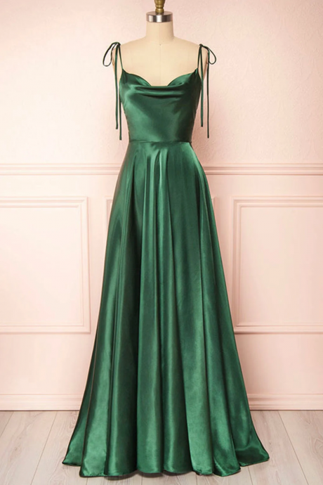 Backless Green Satin Long Prom Dresses, Backless Green Formal Graduation Evening Dress