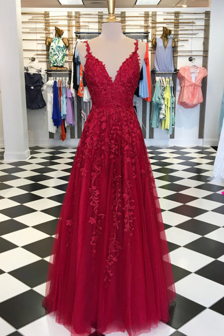 Burgundy V-neckline Lace Applique Long Formal Dress, A-line Prom Dress