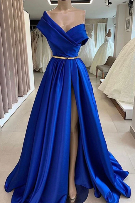 One Shoulder Royal Blue Satin Long Formal Dress, Blue Party Dress 