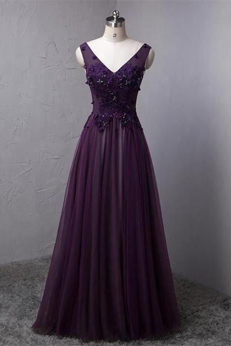 Dark Purple Floor Length New Prom Dress, A-line Tulle Formal Dress