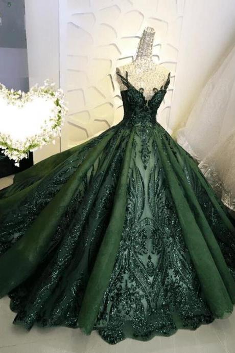 Shiny Green Tulle Ball Gown Formal Dress, Shiny Tulle Lace Sweet 16 Dresses
