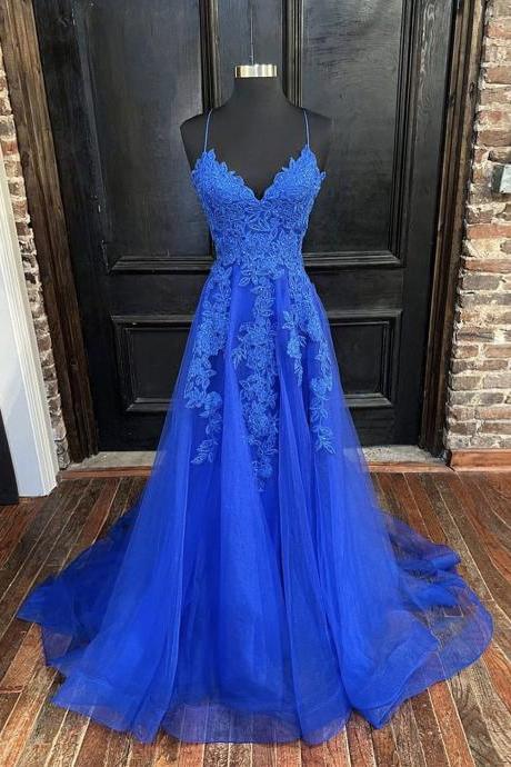 Blue Tulle with Lace V-neckline Floor Length Party Dress, A-line Blue Prom Dress