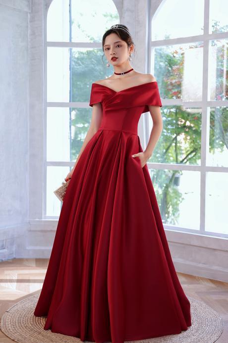 Red Satin Off Shoulder Formal Dress, Red Evening Dress Prom Dress