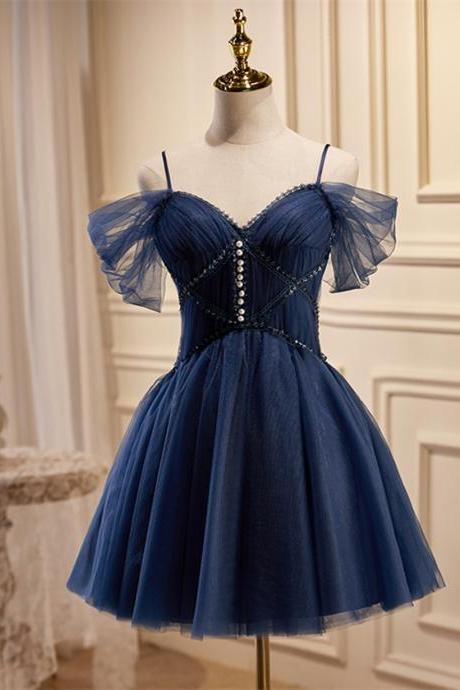 Navy Blue Short Tulle Prom Dress, Blue Beaded Homecoming Dresses Party Dress