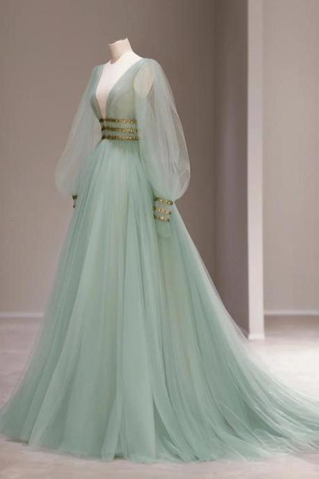 Green Tulle Puffy Sleeves Long Formal Dress, Green Low Back Party Dresses