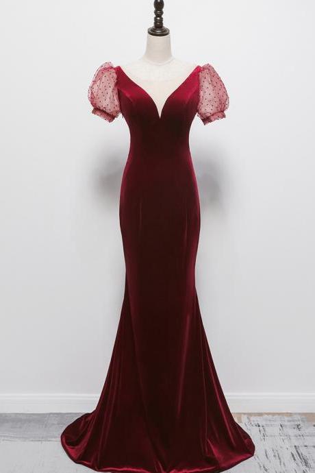Charming Burgundy Mermaid Velvet Party Dress, Wine Red Floor Length Formal Dress