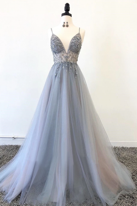 Beautiful A-line Tulle Sparkle Long Prom Dress, Beaded Tulle Formal Dress