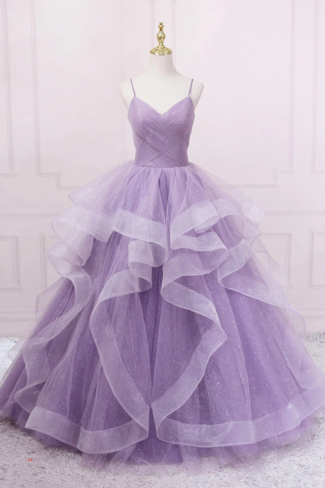 Purple V neck Tulle Long Prom Dress, Purple Tulle Ball Gown Sweet 16 Dresses