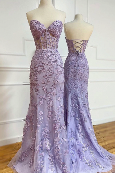 Lavender Lace Long Prom Dresses, Mermaid Strapless Evening Dresses