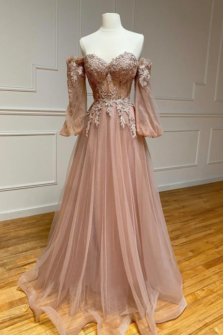 Pink Off Shoulder Tulle Long Party Dress Prom Dress, A-line Pink Prom Dress