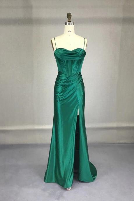 Green Satin Straps Lace-up Long Evening Dress, Green A-line Formal Dress