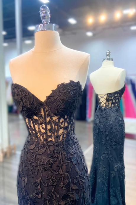 Black Strapless Lace Mermaid Long Prom Dress, Sweetheart Black Formal Dress