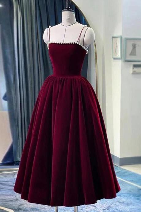 Dark Red Straps Velvet Party Dress with Pearls, Dark Red Tea Length Formal Dress