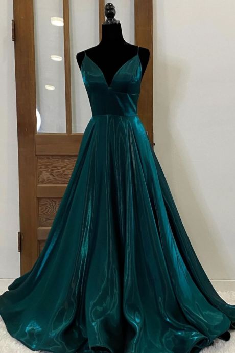 Green Satin Long Prom Dresses, Simple V-Neck Evening Dresses