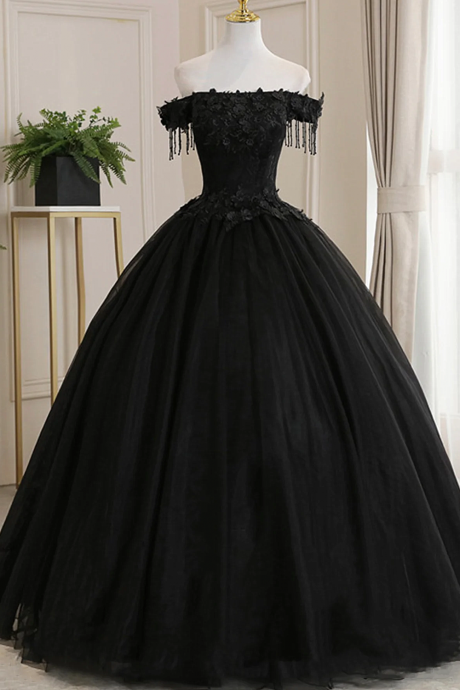 Black Off Shoulder Tulle Ball Gown Sweet 16 Dresses, Black Long Formal Dress