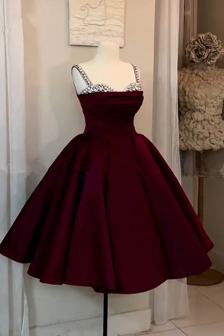 Burgundy Short Prom Dress Sweetheart Spaghetti Formal Dress, Burgundy Party Dress