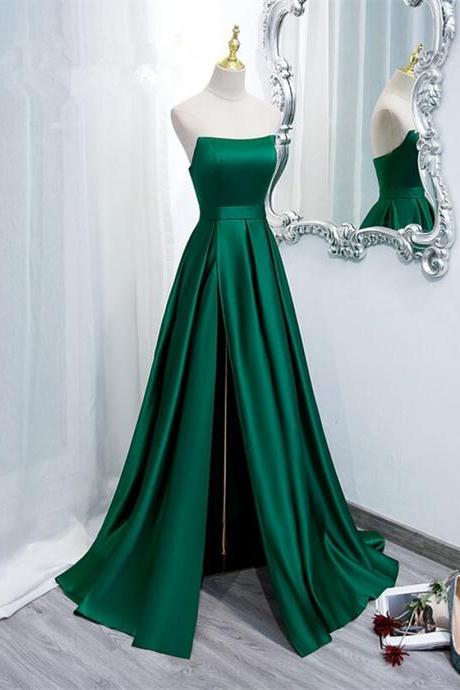 Green Satin Long Evening Dress with Slit, Green A-line Prom Dress 