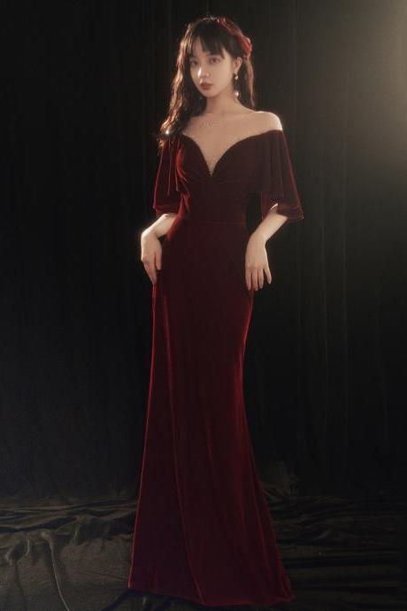 Beautiful Memaid Evening Dress Wine Red Party Dress, Velvet Long Prom Dress