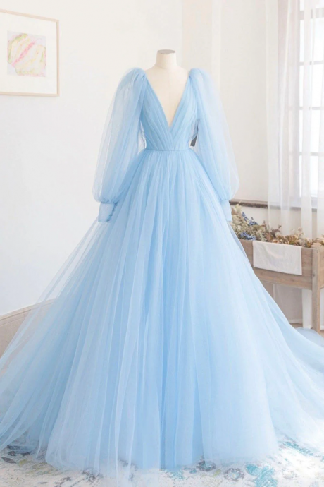 Blue V-Neck Tulle Long Prom Dress, A-Line Long Sleeve Evening Dress