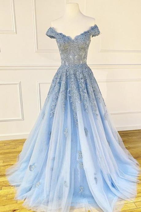 Light Blue Tulle with Lace Off Shoulder Long Formal Dress, Blue Evening Party Dress