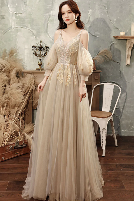 Cute Champagne A line Tulle Lace Floor Length Prom Dress, Lace Formal Graduation Dress