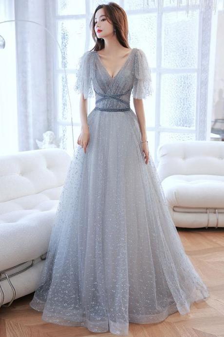 Light Grey Tulle V-neckline Party Dress, Grey Tulle Long Formal Dress