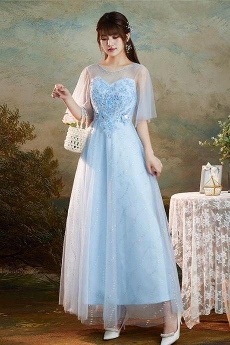 Light Blue Tulle Simple Party Dress with Lace, Blue A-line Prom Dress