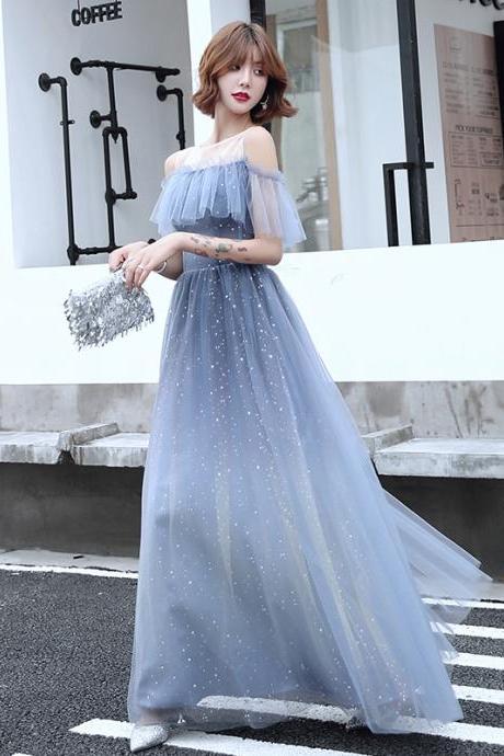 Light Blue Off Shoulder Shiny Tulle A-line Prom Dress, Blue Evening Dress